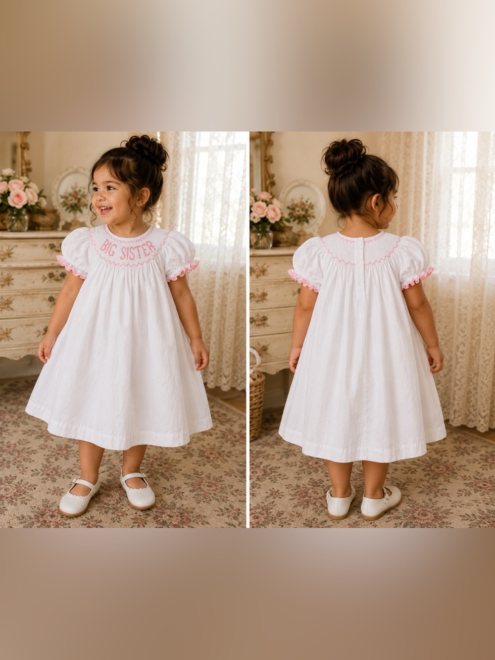 18M -Southern Sunshine “BIG SISTER” Smocked Little Girl Dress & Pink Trim VTG90s